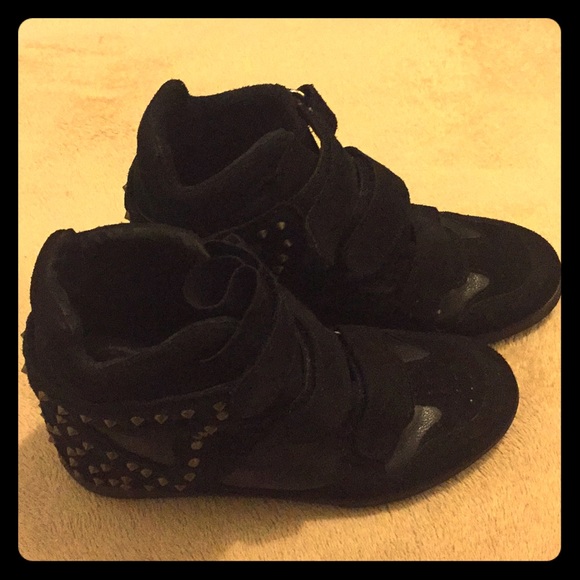 Shoes - Gold studded black wedge sneakers with straps